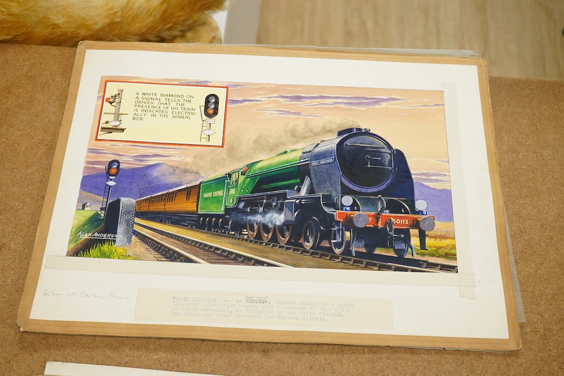 Alan Anderson, six original watercolours for postcard designs, Steam Trains to include ‘Scarborough Flyer’, ‘The Deron Belle’ and ‘Great Northern’, each signed, 26 x 37cm